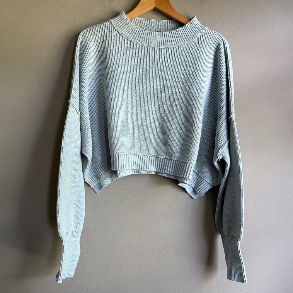 Free People Light Blue Ribbed Cropped Mock Neck Sweater OB1609060 Small